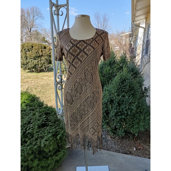 💥BLACK FRIDAY BOGO FREE EVERYTHING💥 M/L 80s Gold Lace and Fringe Dress - Picture 2 of 5